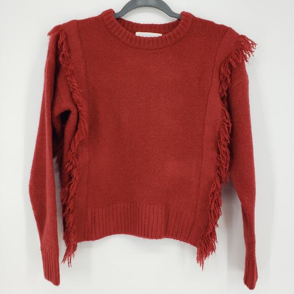 Anthropologie Mazie Fringe Pullover Sweater XS Long Sleeve Cropped Boho Rust Red - Picture 4 of 12